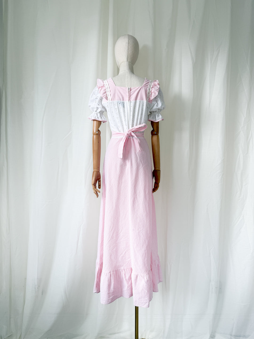 Sweet 70s Seersucker and Broderie Anglaise Cotton Striped Pink Maxi Dress