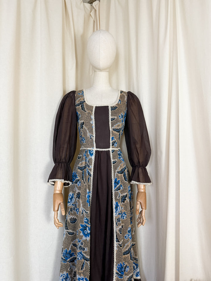 Heavenly Rare 1970s Brown Floral Cotton Maxi Dress