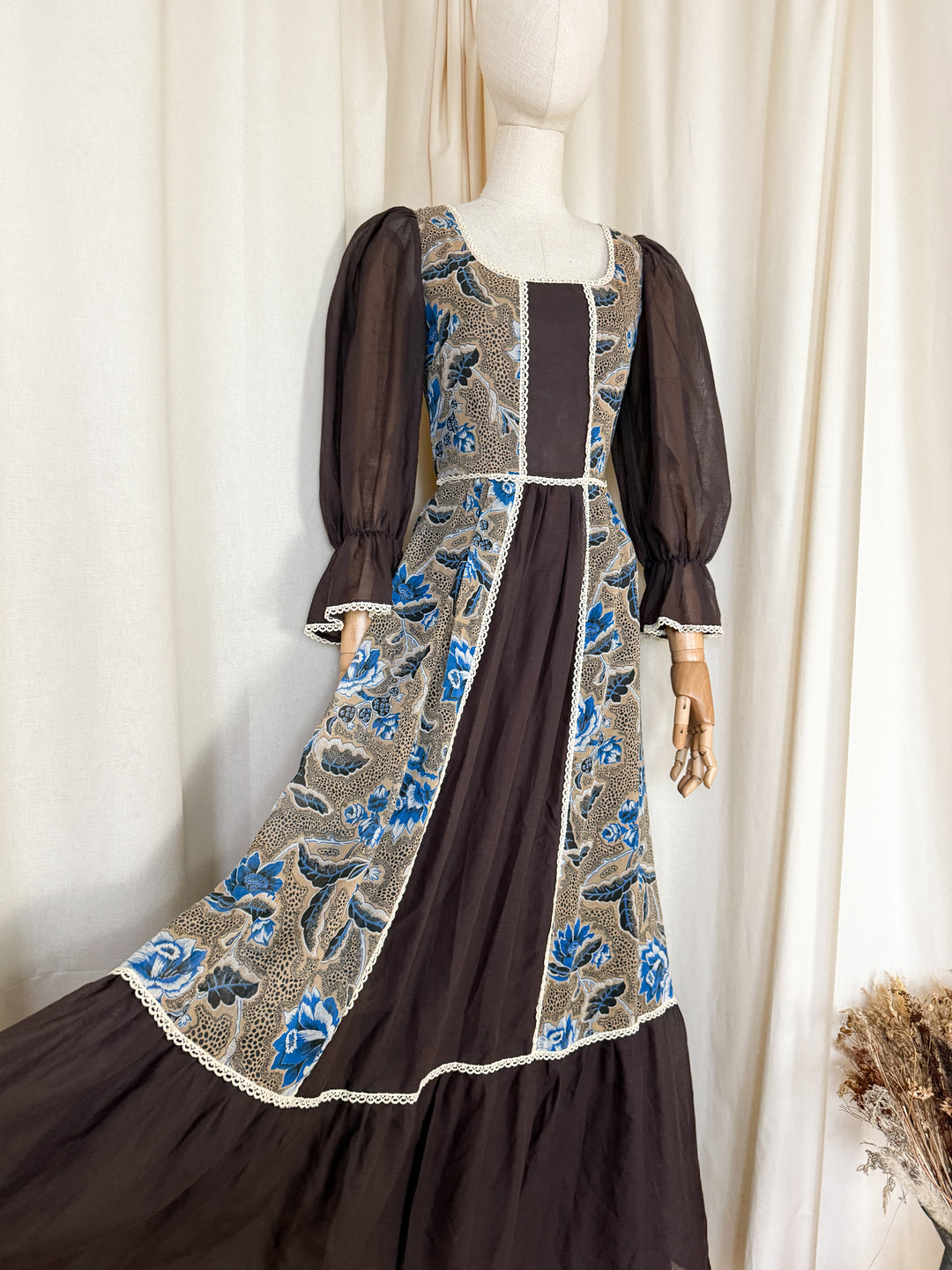 Heavenly Rare 1970s Brown Floral Cotton Maxi Dress
