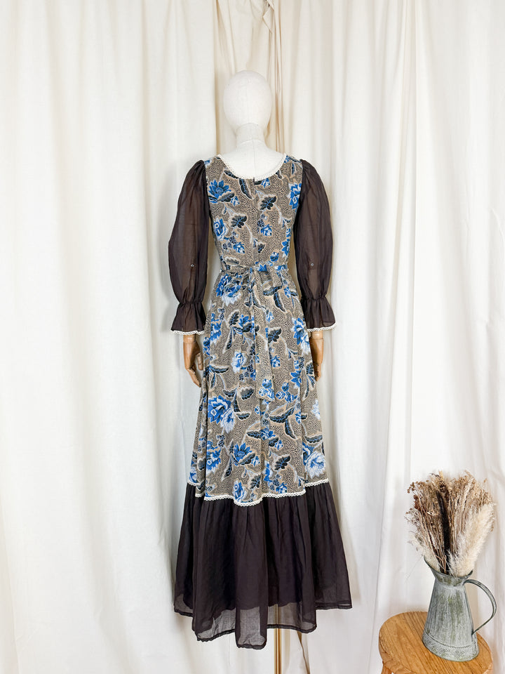 Heavenly Rare 1970s Brown Floral Cotton Maxi Dress