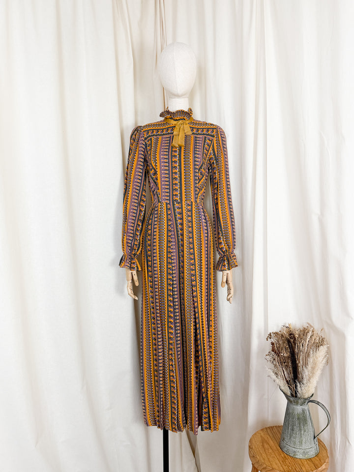 Beautiful Rare 1970s Wool Blend Dolly Day Mustard Maxi Dress