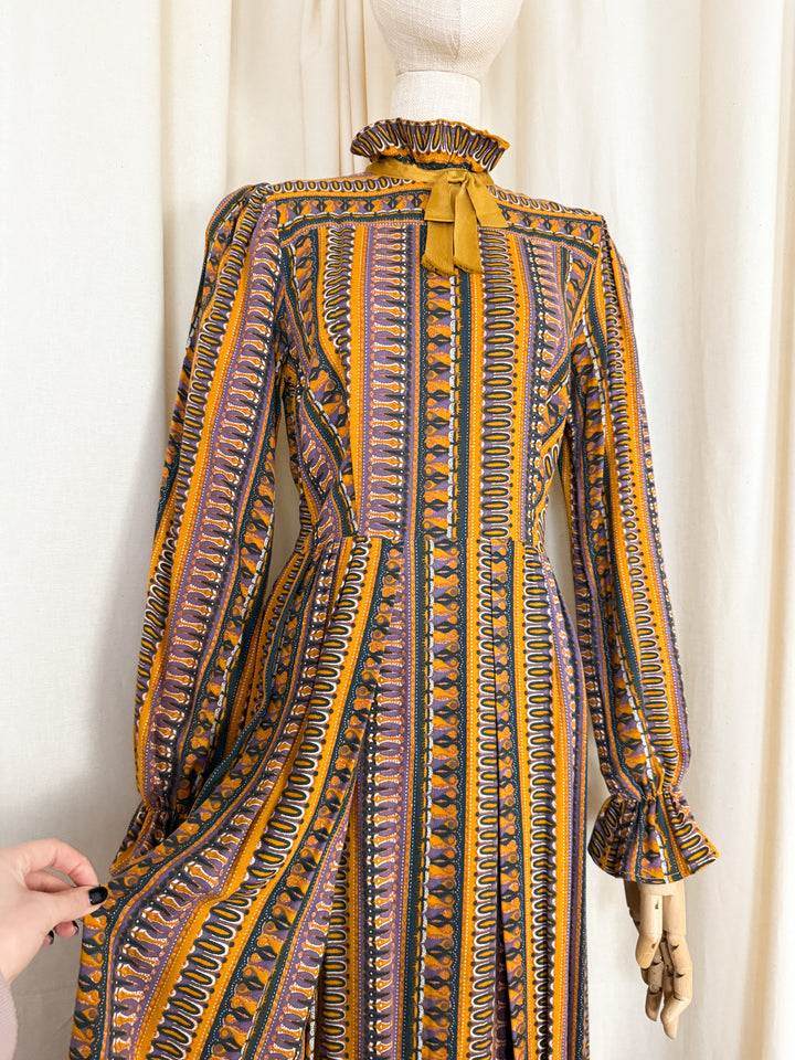 Beautiful Rare 1970s Wool Blend Dolly Day Mustard Maxi Dress