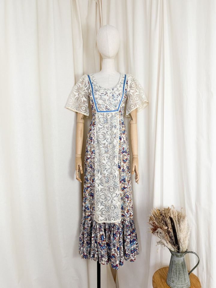 Precious Rare Lace Panelled 1970s Cotton Maxi Dress