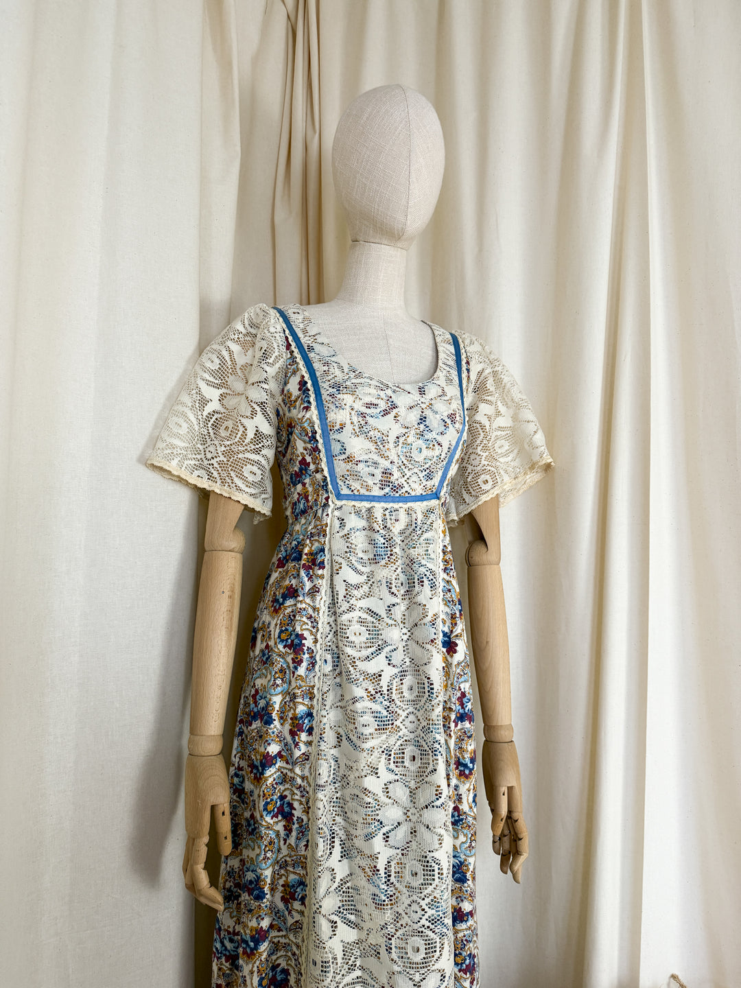 Precious Rare Lace Panelled 1970s Cotton Maxi Dress