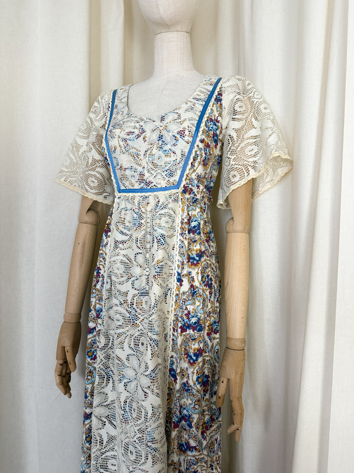 Precious Rare Lace Panelled 1970s Cotton Maxi Dress