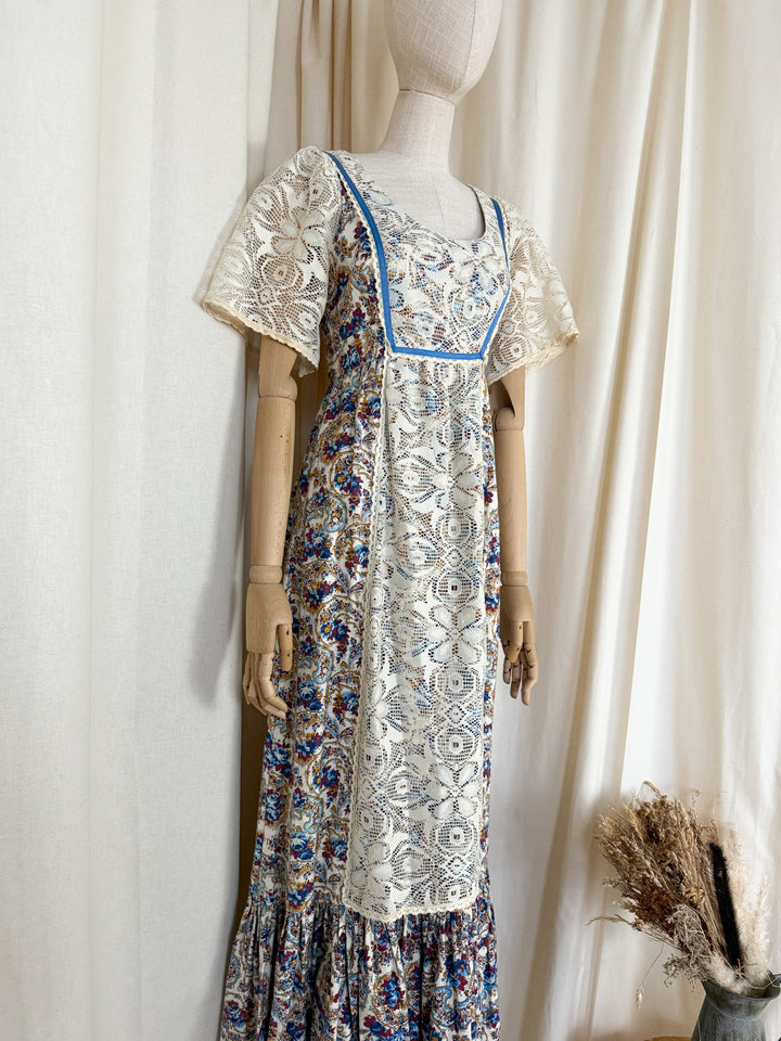 Precious Rare Lace Panelled 1970s Cotton Maxi Dress