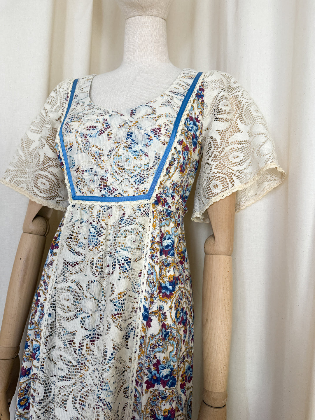 Precious Rare Lace Panelled 1970s Cotton Maxi Dress