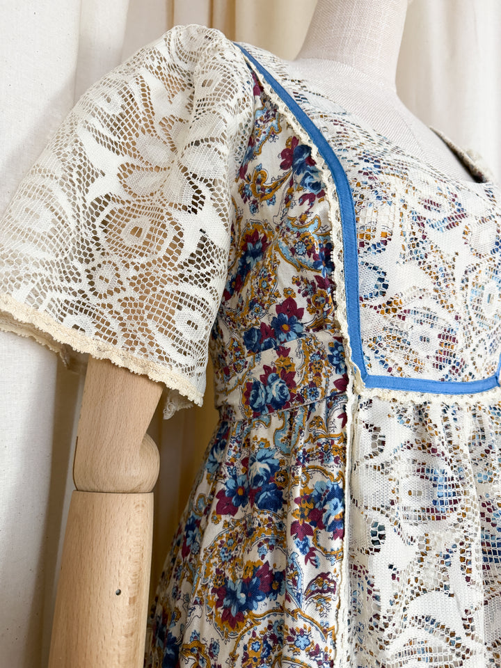 Precious Rare Lace Panelled 1970s Cotton Maxi Dress
