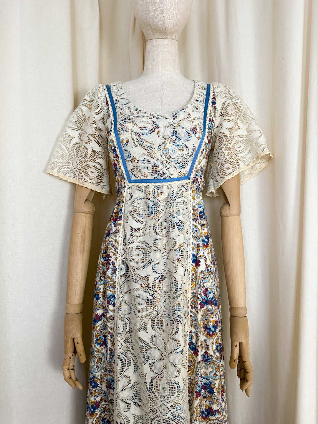 Precious Rare Lace Panelled 1970s Cotton Maxi Dress