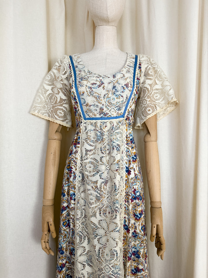 Precious Rare Lace Panelled 1970s Cotton Maxi Dress