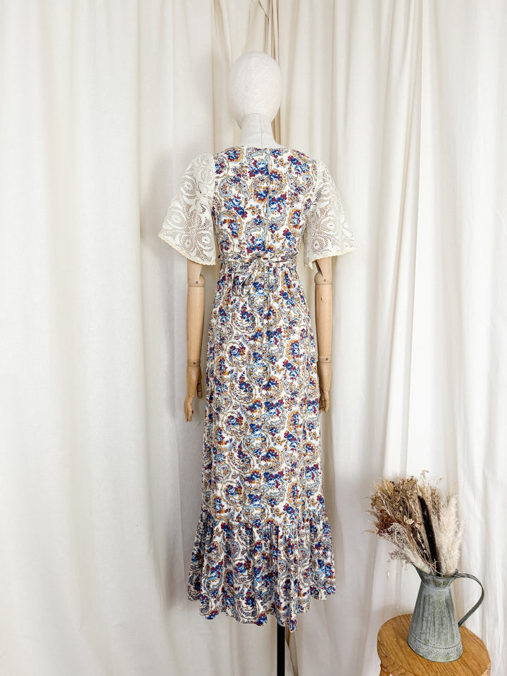 Precious Rare Lace Panelled 1970s Cotton Maxi Dress