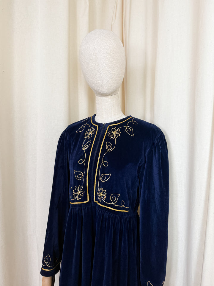 Gorgeous 1970s Embroidered Velvet Mini Dress