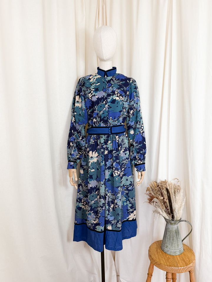 Rare Late 1970s Liberty Wool Origin Blue Floral Midi Dress