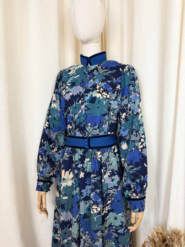 Rare Late 1970s Liberty Wool Origin Blue Floral Midi Dress