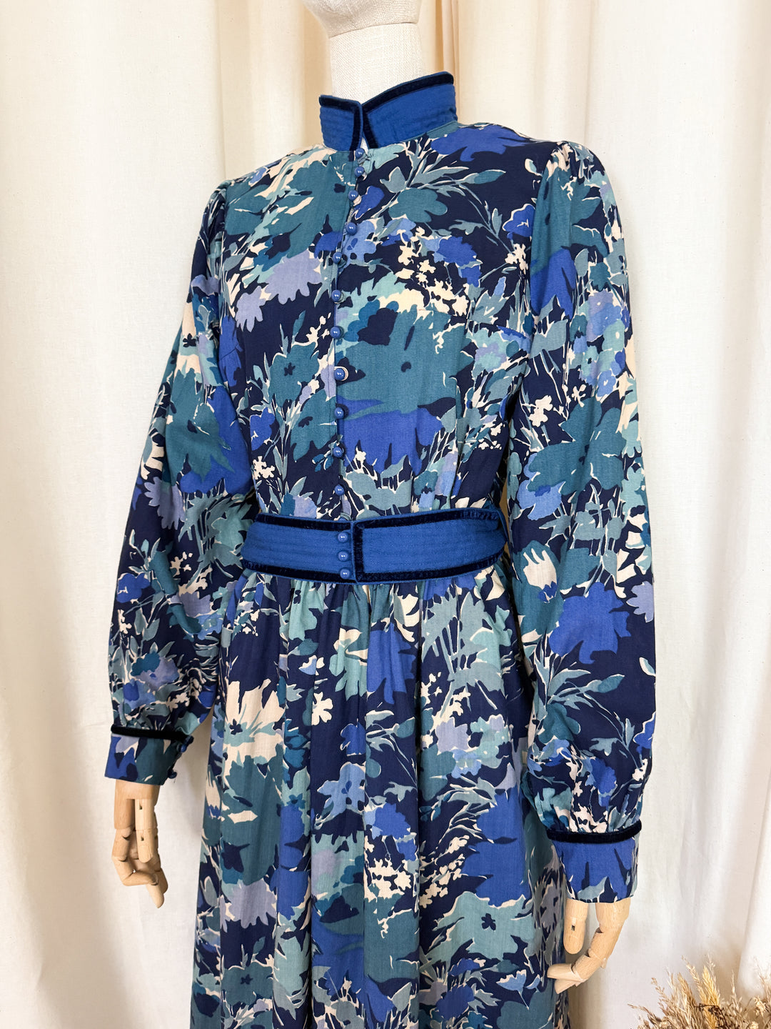 Rare Late 1970s Liberty Wool Origin Blue Floral Midi Dress