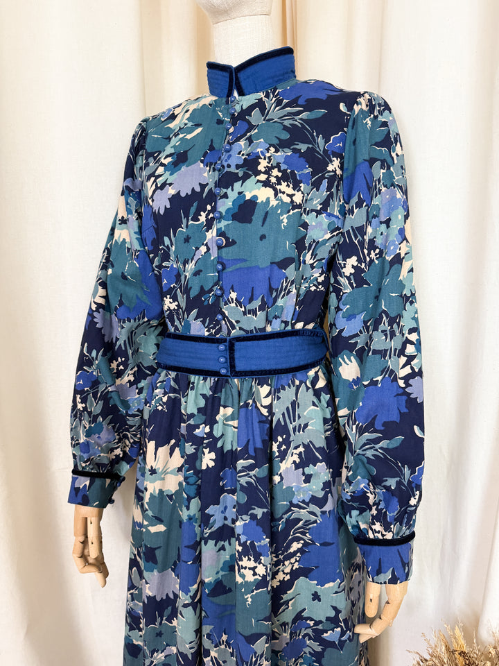 Rare Late 1970s Liberty Wool Origin Blue Floral Midi Dress
