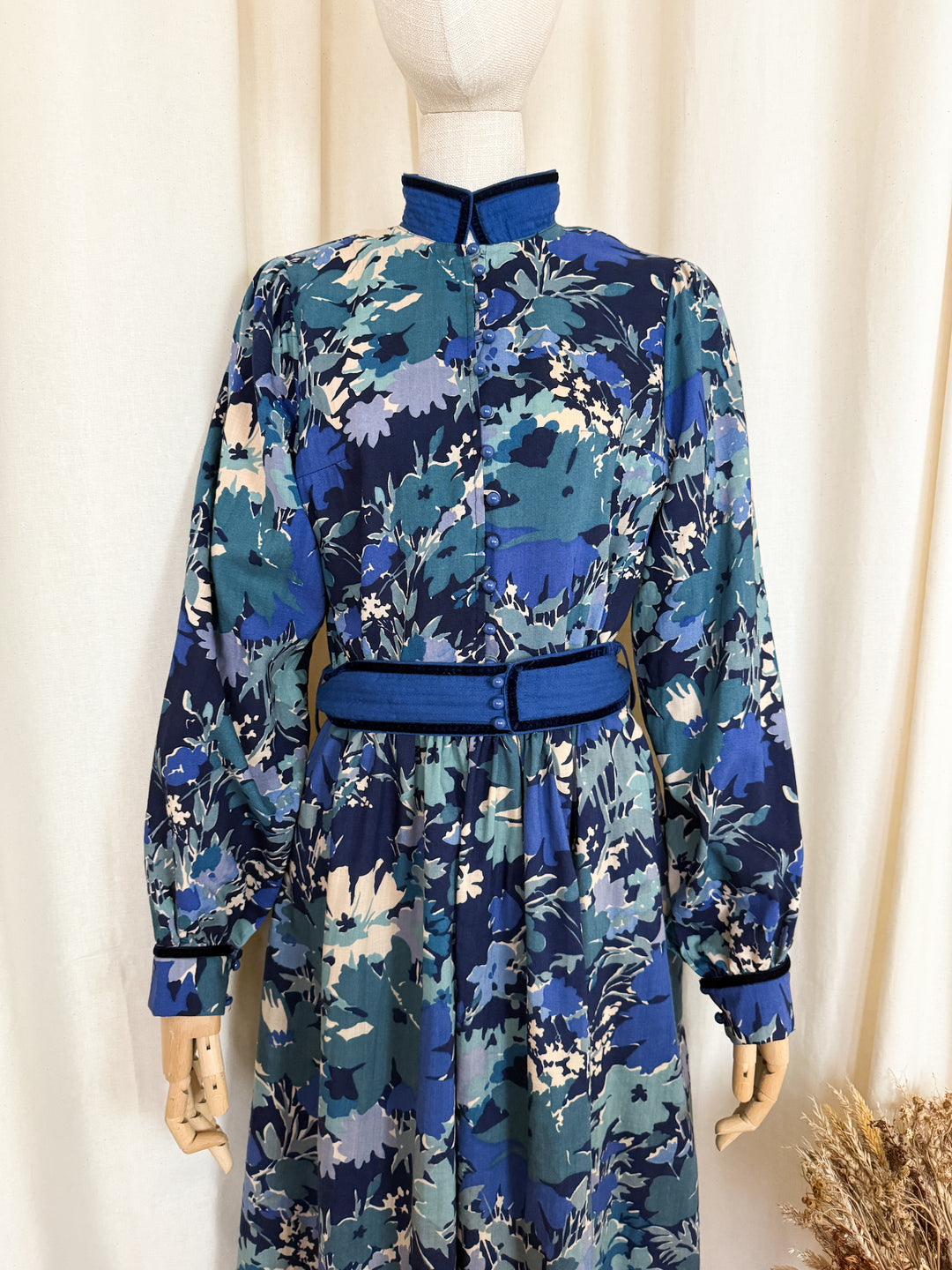 Rare Late 1970s Liberty Wool Origin Blue Floral Midi Dress