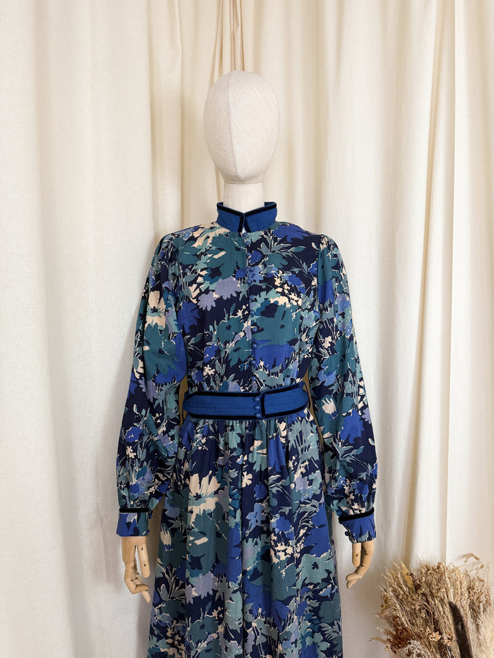 Rare Late 1970s Liberty Wool Origin Blue Floral Midi Dress