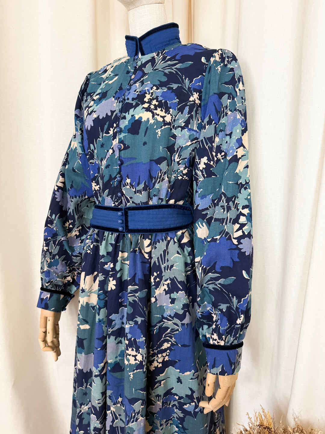 Rare Late 1970s Liberty Wool Origin Blue Floral Midi Dress