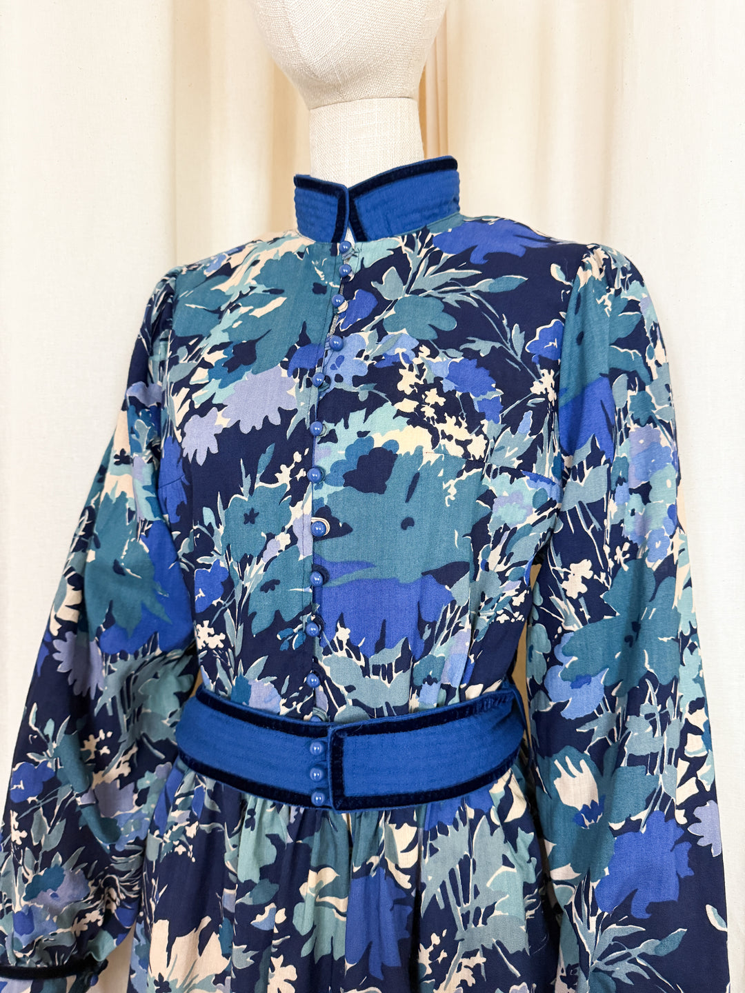 Rare Late 1970s Liberty Wool Origin Blue Floral Midi Dress