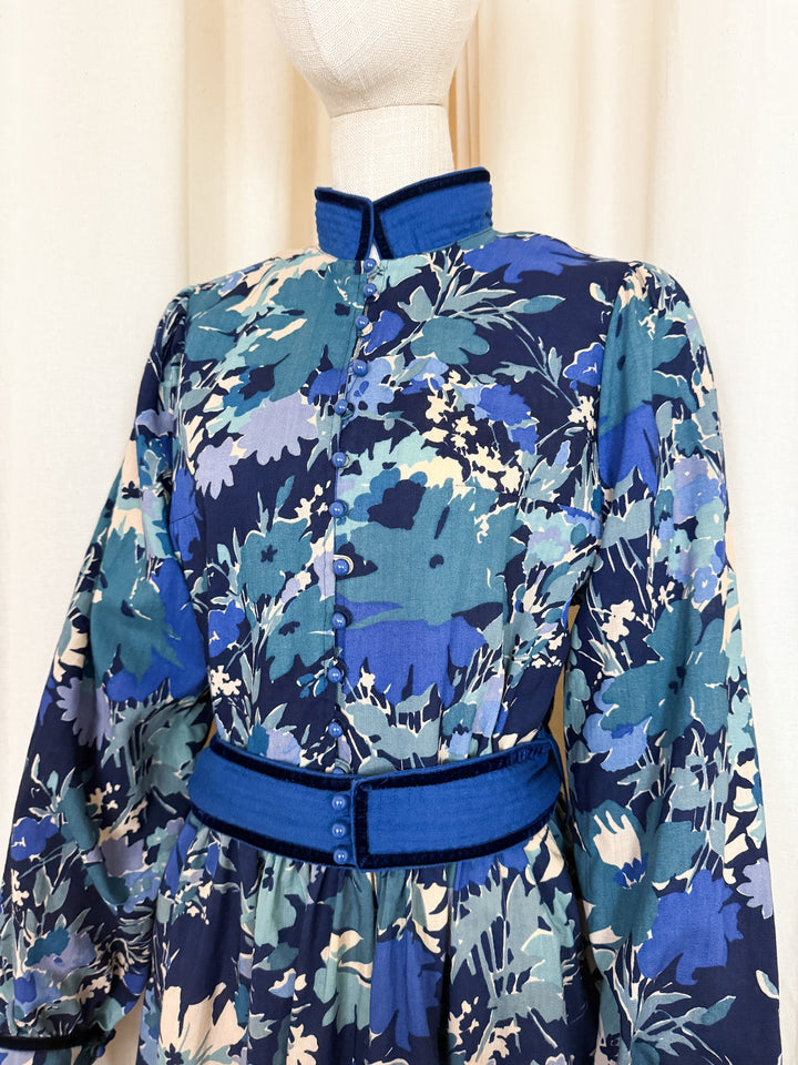 Rare Late 1970s Liberty Wool Origin Blue Floral Midi Dress
