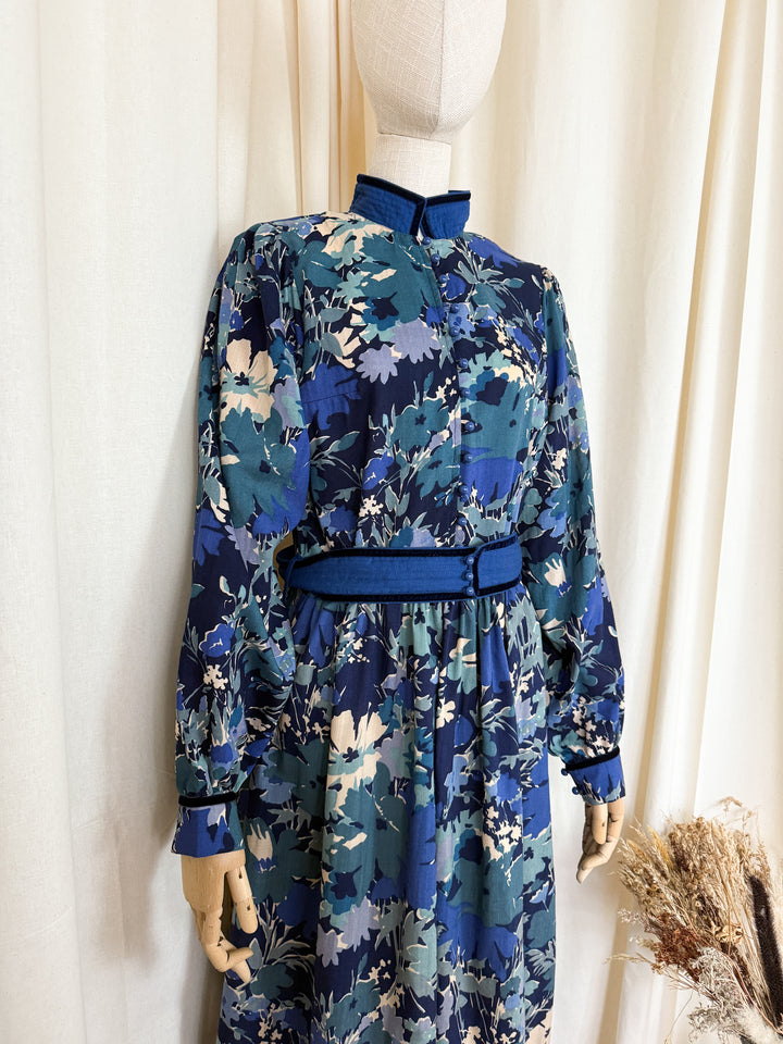 Rare Late 1970s Liberty Wool Origin Blue Floral Midi Dress