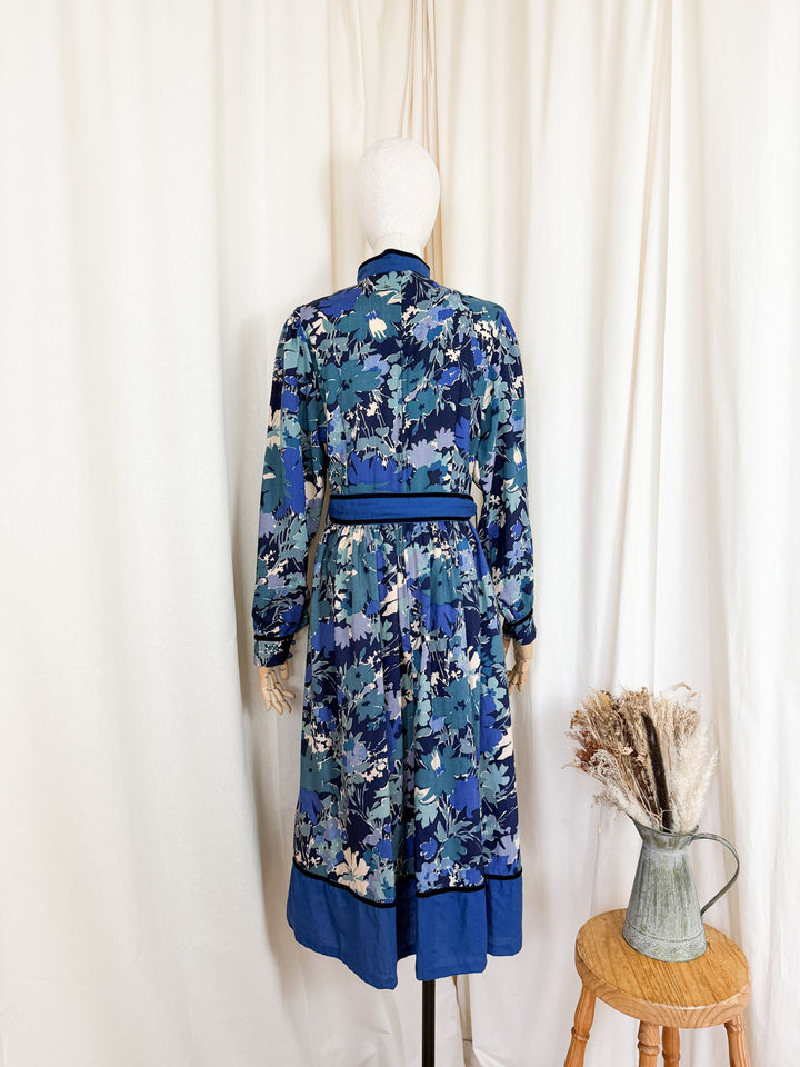 Rare Late 1970s Liberty Wool Origin Blue Floral Midi Dress
