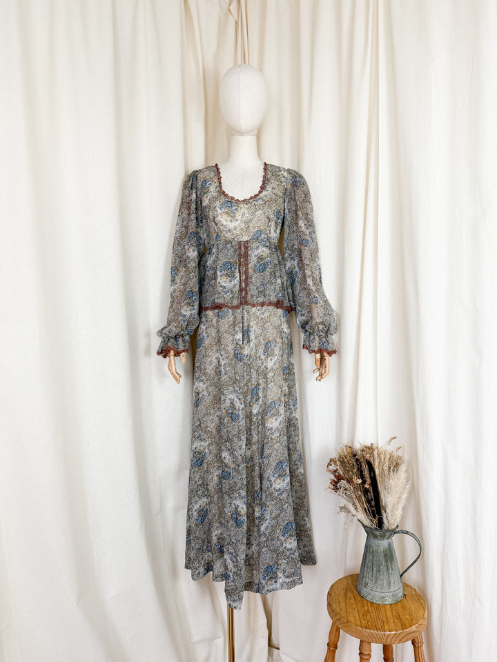 Stunning 1970s Brown Trim Floral Cotton Maxi Dress