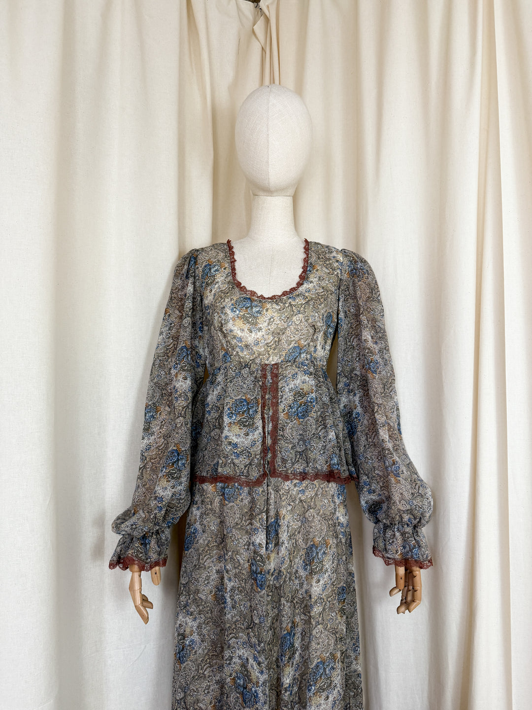 Stunning 1970s Brown Trim Floral Cotton Maxi Dress