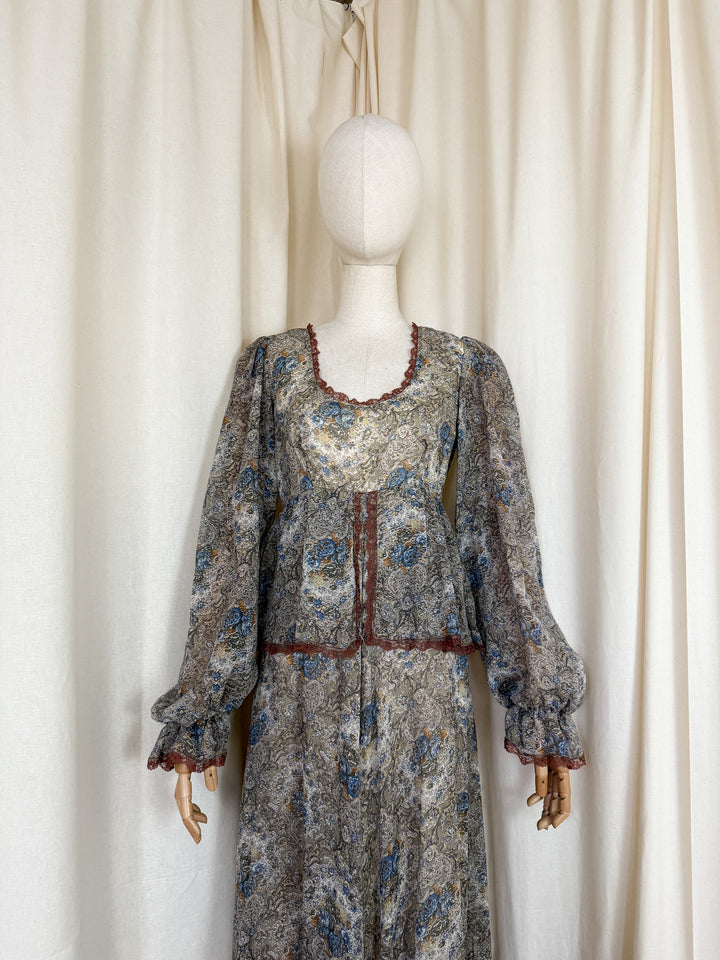 Stunning 1970s Brown Trim Floral Cotton Maxi Dress