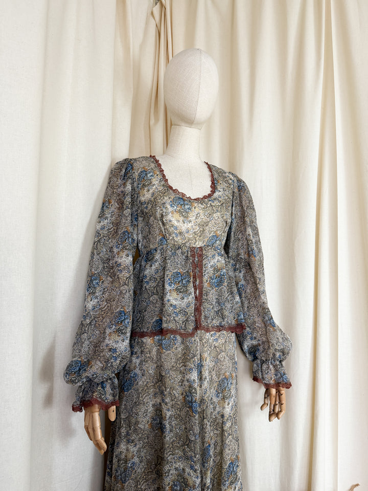 Stunning 1970s Brown Trim Floral Cotton Maxi Dress