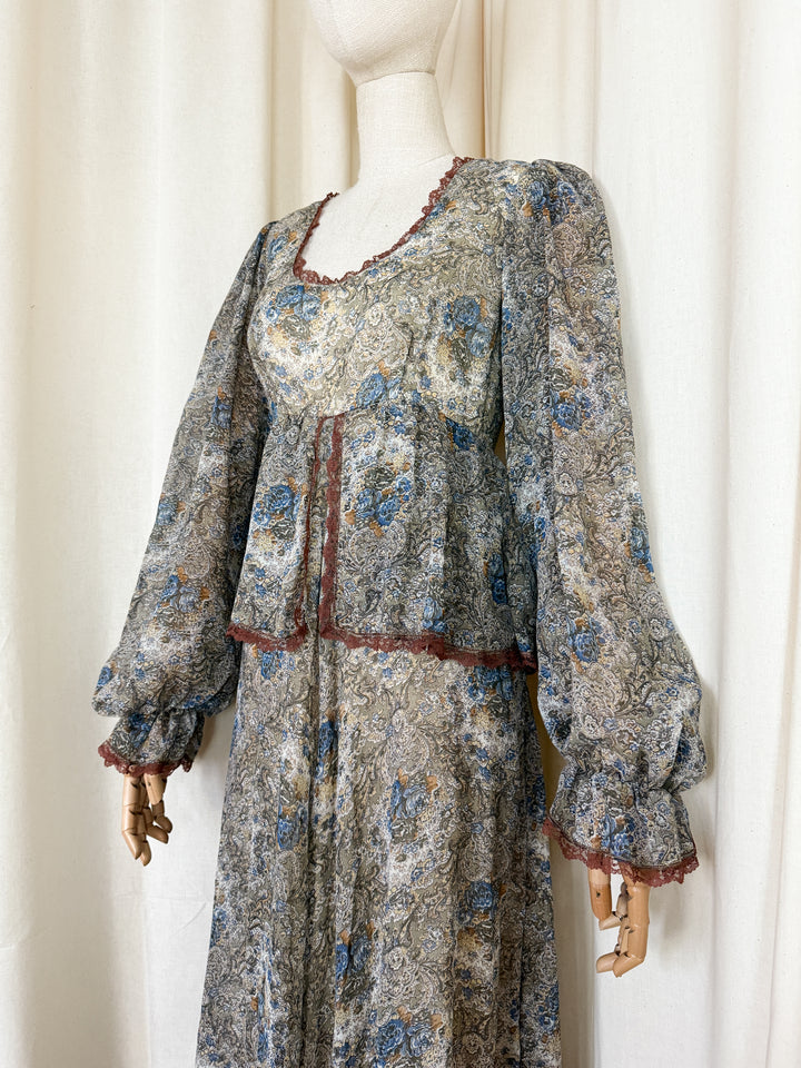 Stunning 1970s Brown Trim Floral Cotton Maxi Dress