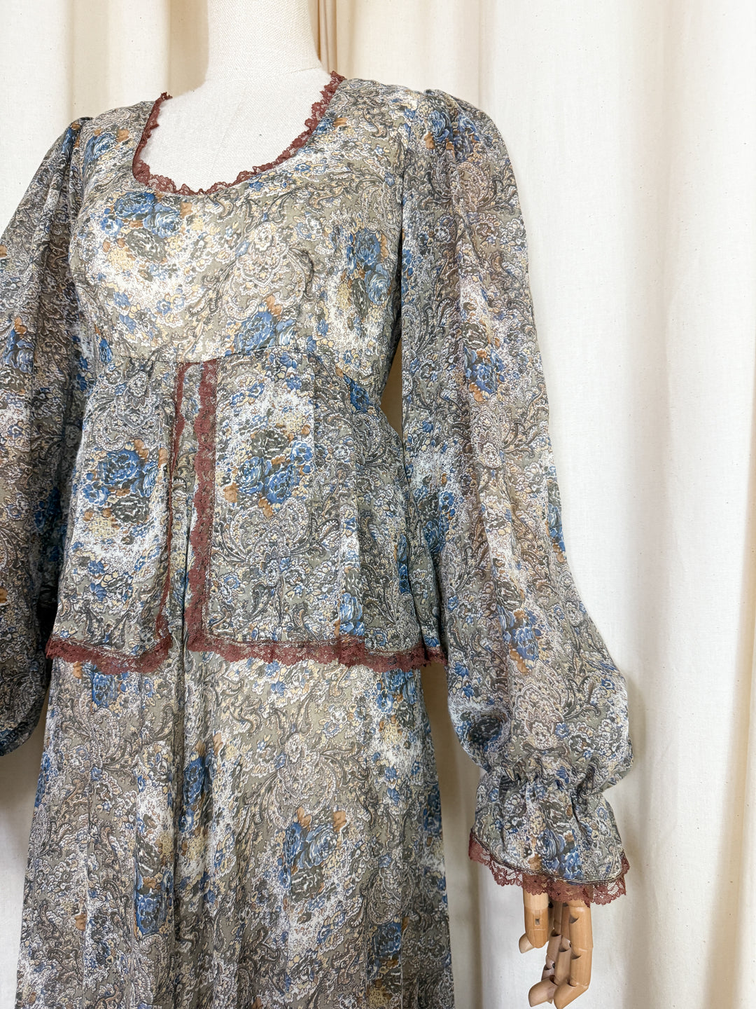 Stunning 1970s Brown Trim Floral Cotton Maxi Dress