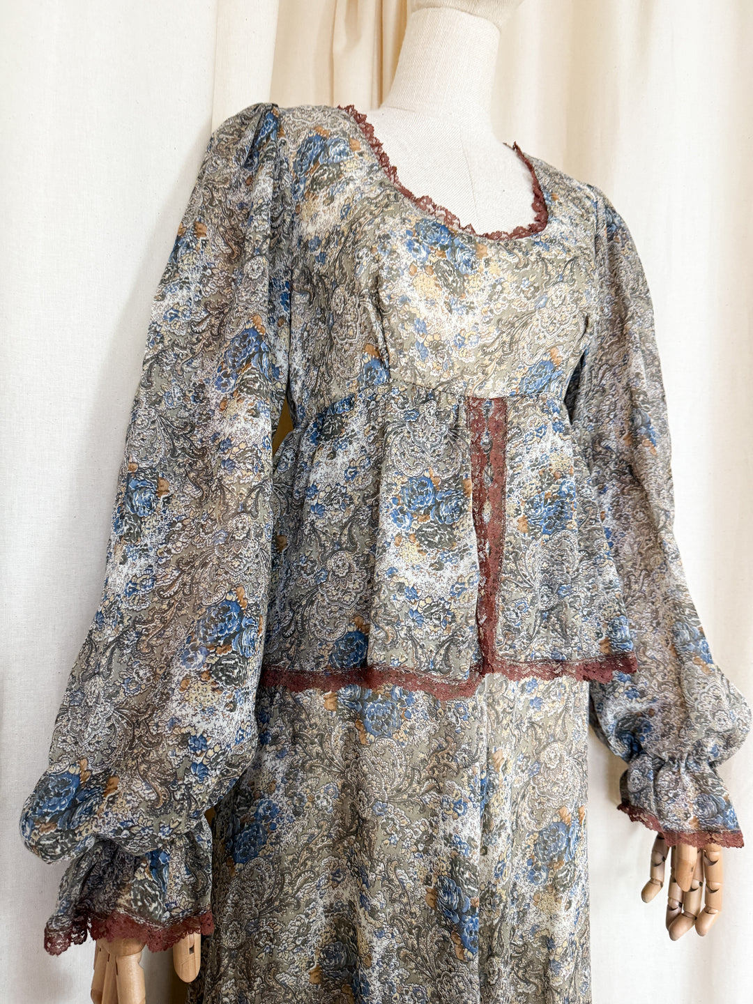 Stunning 1970s Brown Trim Floral Cotton Maxi Dress