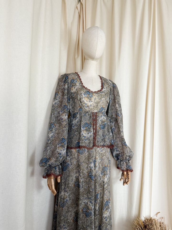 Stunning 1970s Brown Trim Floral Cotton Maxi Dress