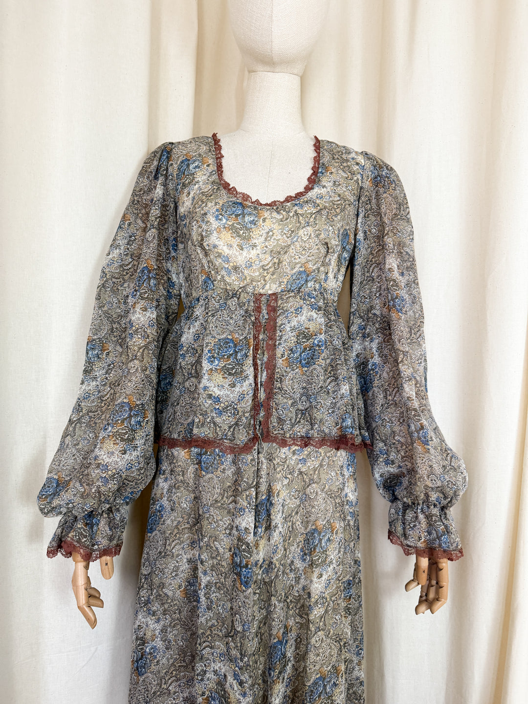 Stunning 1970s Brown Trim Floral Cotton Maxi Dress