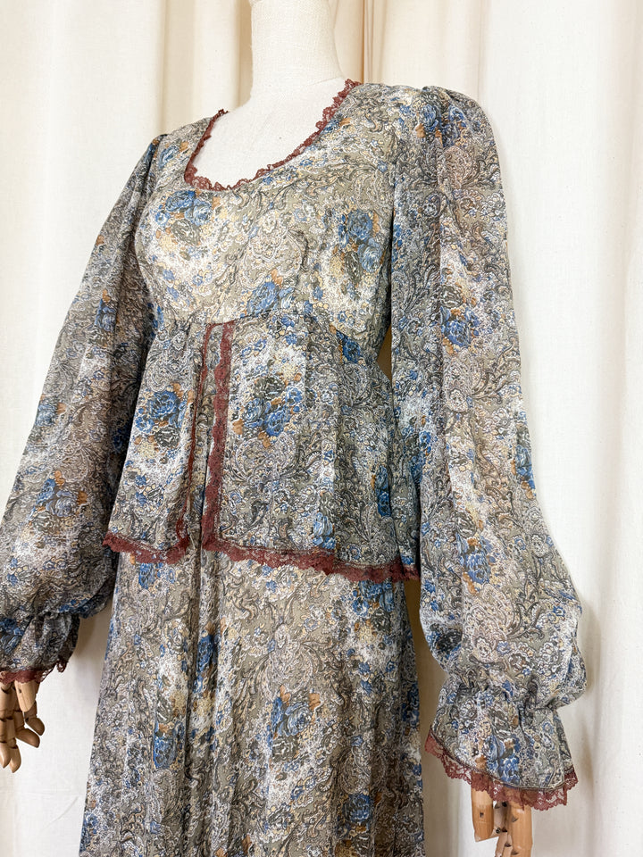 Stunning 1970s Brown Trim Floral Cotton Maxi Dress