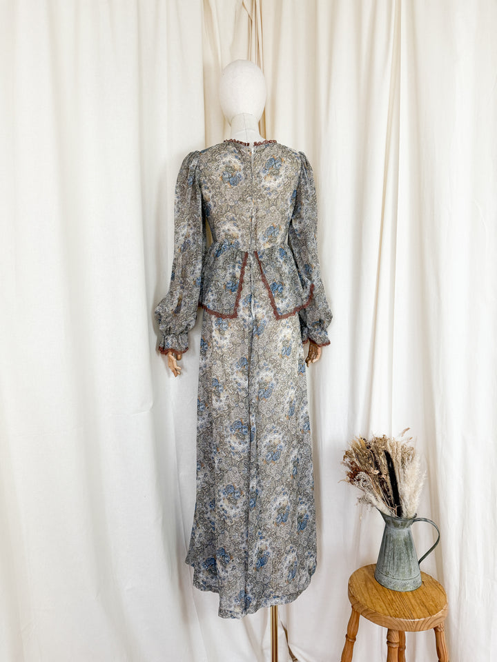 Stunning 1970s Brown Trim Floral Cotton Maxi Dress