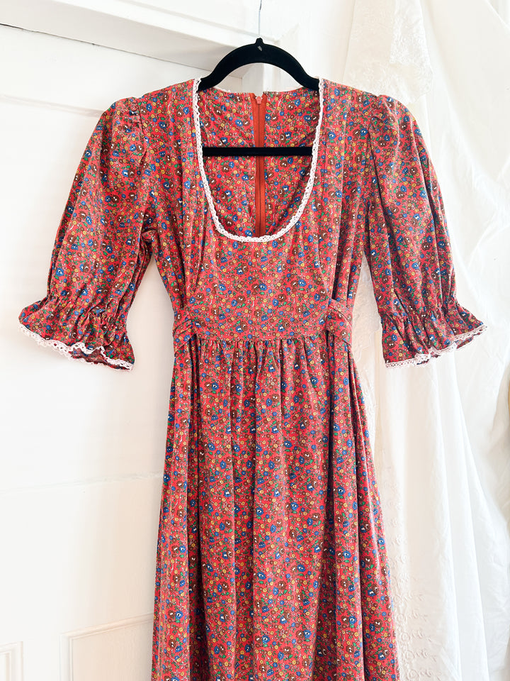 STUNNING RED BOHEMIAN FLORAL COTTON PRAIRIE DRESS BY ENGLISH LADY