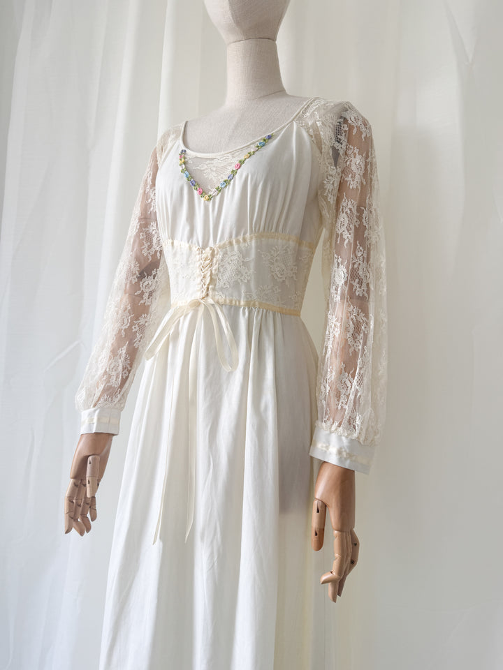 Breathtaking Ethereal 70s Cotton and Lace Ivory Maxi Dress