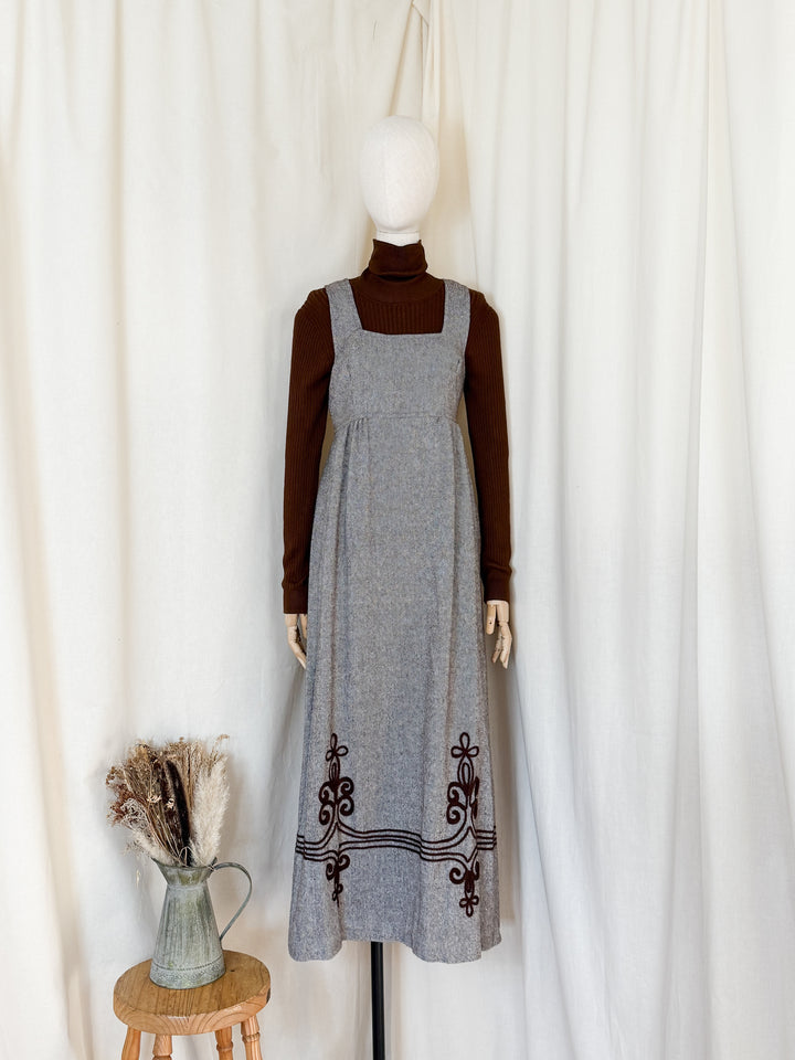 Gorgeous 70s Wool Tweed Pinafore Maxi Dress