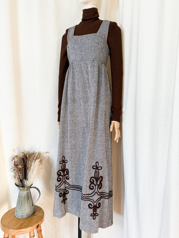 Gorgeous 70s Wool Tweed Pinafore Maxi Dress