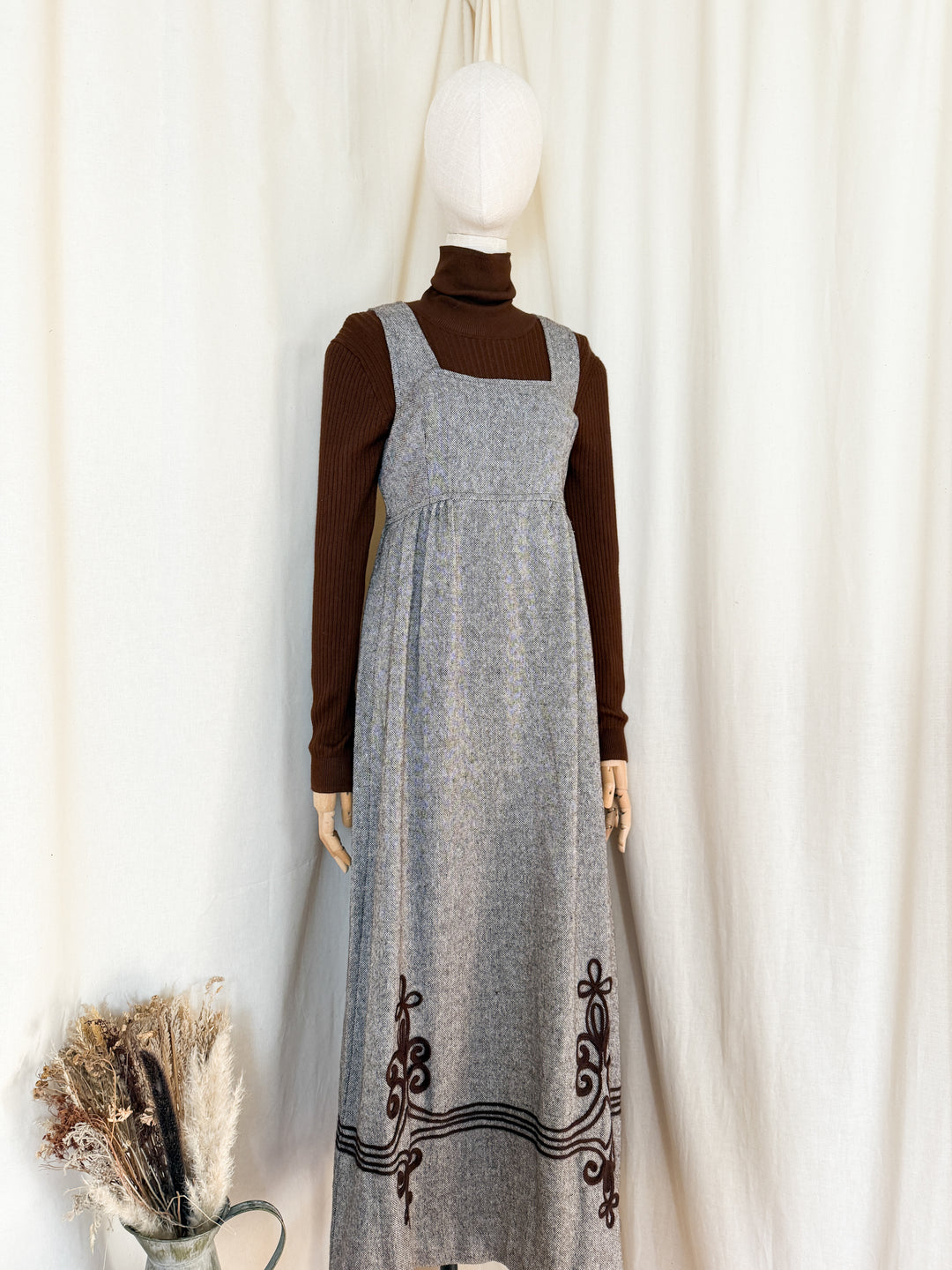 Gorgeous 70s Wool Tweed Pinafore Maxi Dress