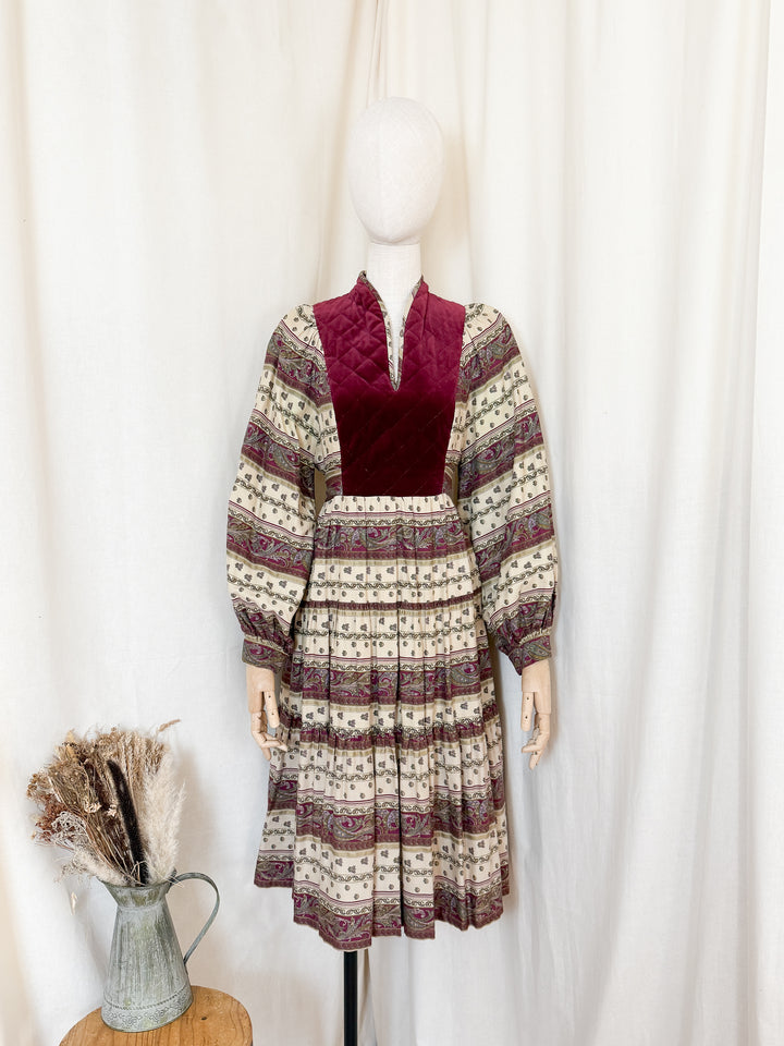 Beautiful Precious 1970s Susie G Cotton Velvet Bodice Midi Dress
