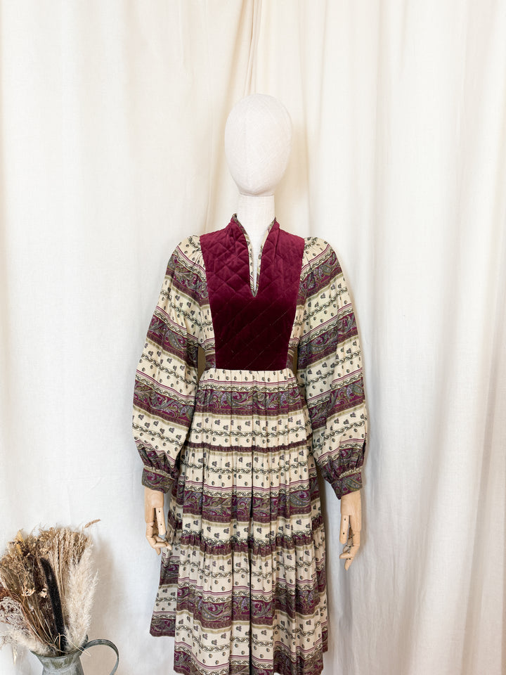 Beautiful Precious 1970s Susie G Cotton Velvet Bodice Midi Dress