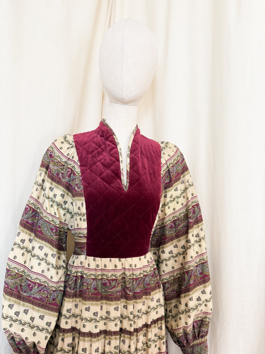 Beautiful Precious 1970s Susie G Cotton Velvet Bodice Midi Dress