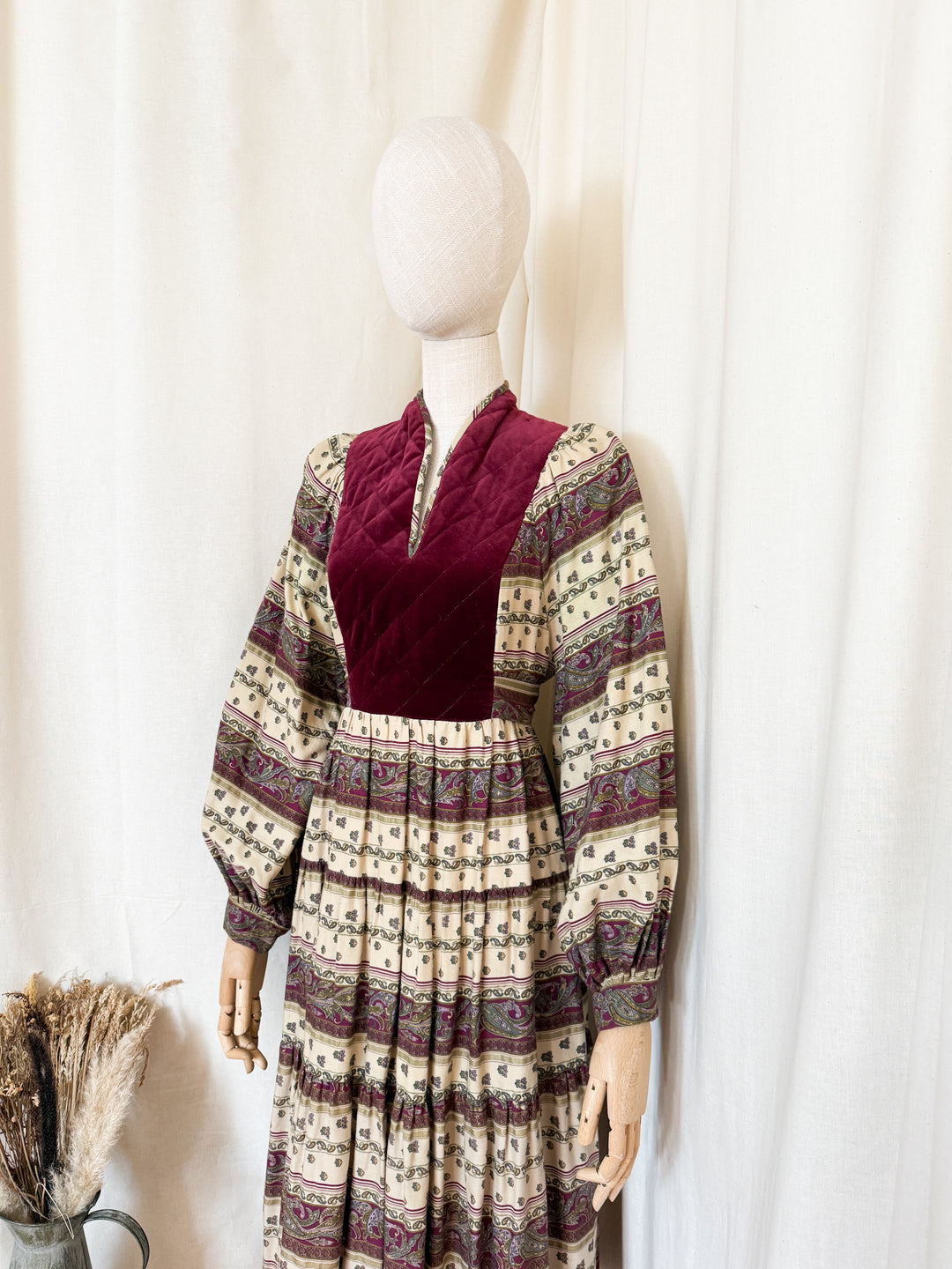 Beautiful Precious 1970s Susie G Cotton Velvet Bodice Midi Dress