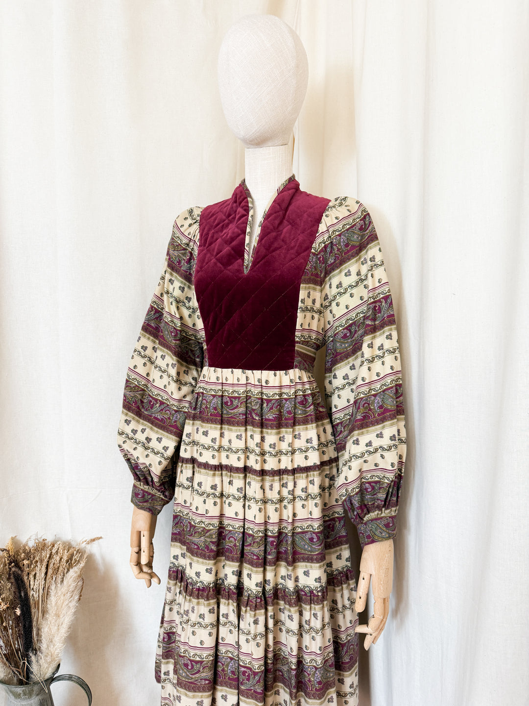 Beautiful Precious 1970s Susie G Cotton Velvet Bodice Midi Dress