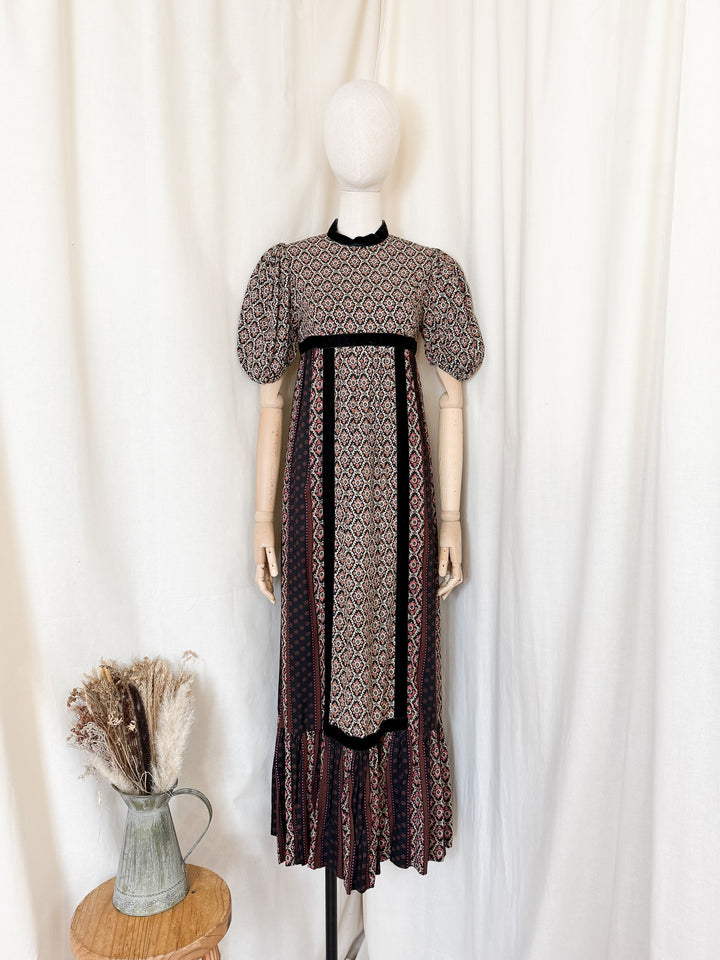 Gorgeous 70s Wool Blend Velvet Trimmed Maxi Dress