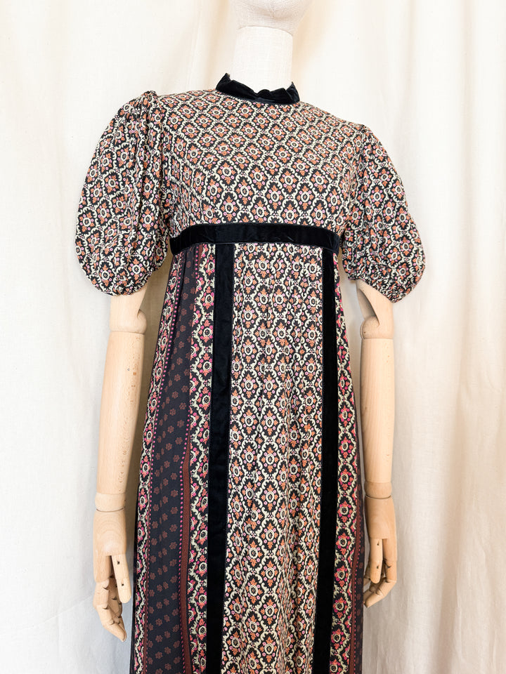 Gorgeous 70s Wool Blend Velvet Trimmed Maxi Dress